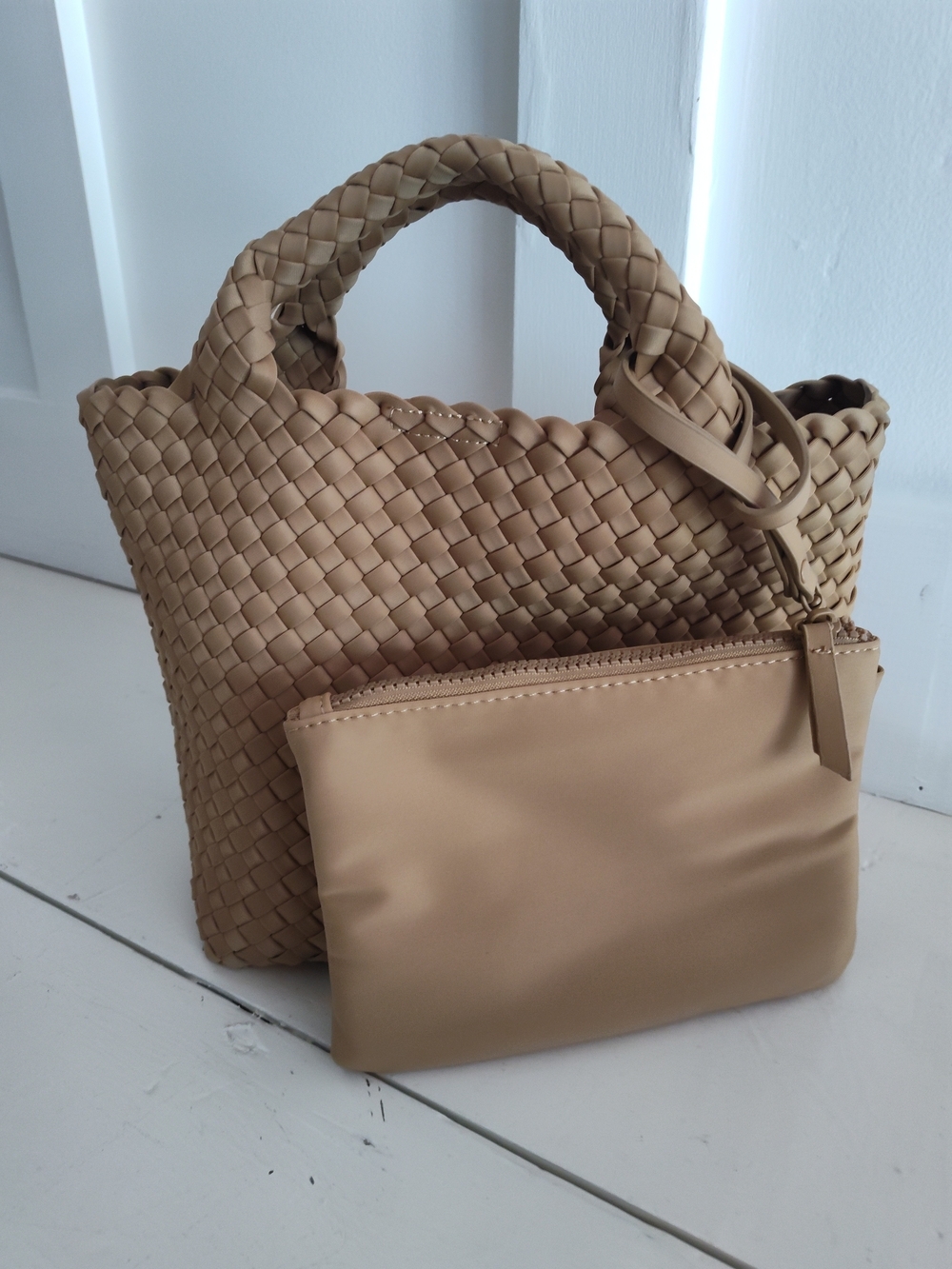 Madison West Woven Camel Kya Neoprene 2 In 1 Satchel Crossbody Bag